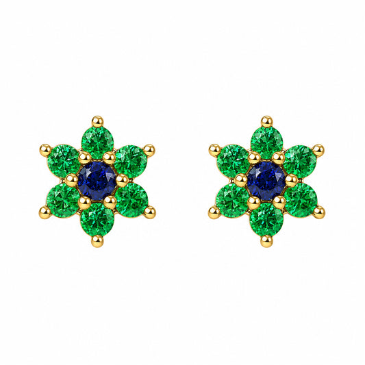 14K Gold Emerald & Sapphire Rosebud Flower Stud Earrings
