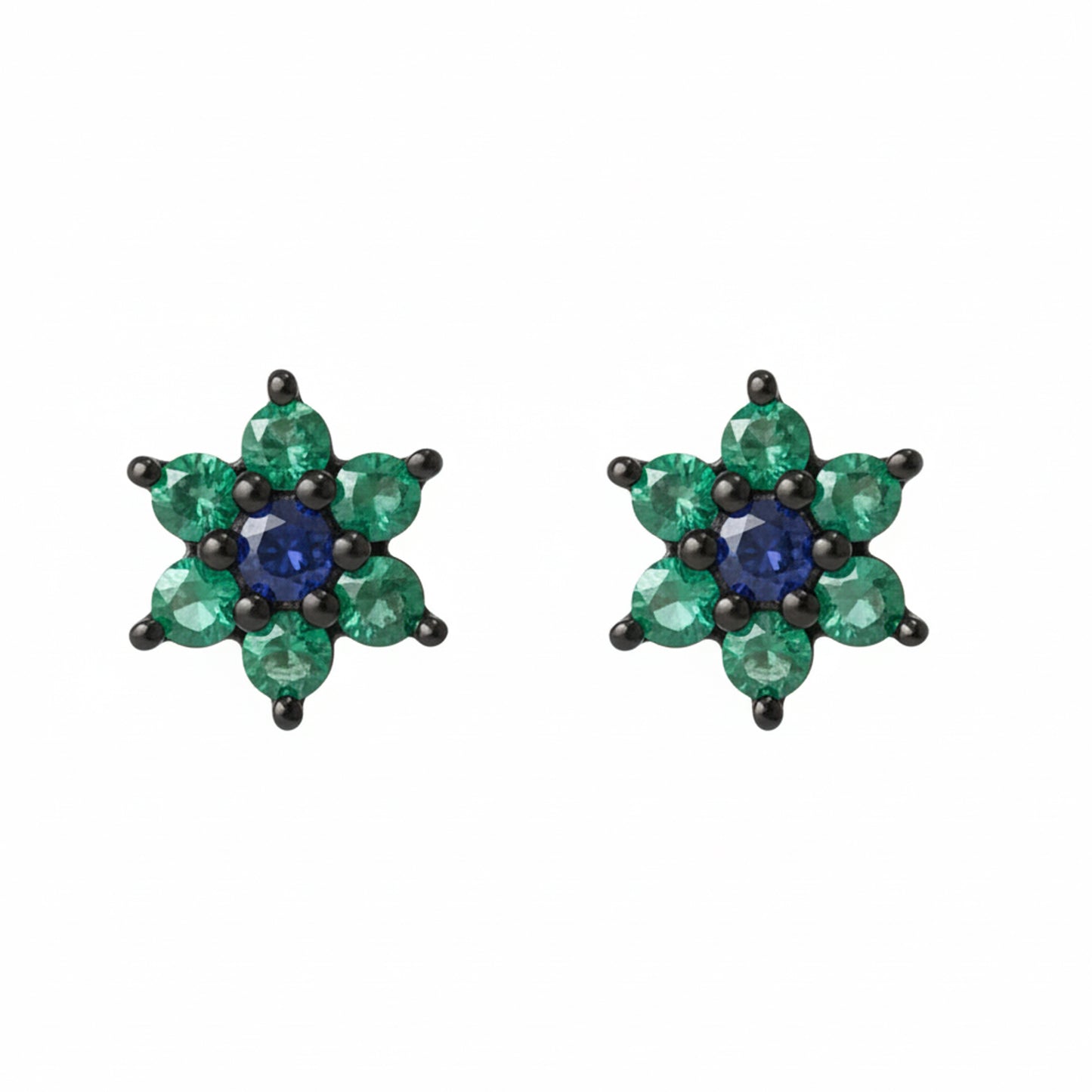 14K Gold Emerald & Sapphire Rosebud Flower Stud Earrings