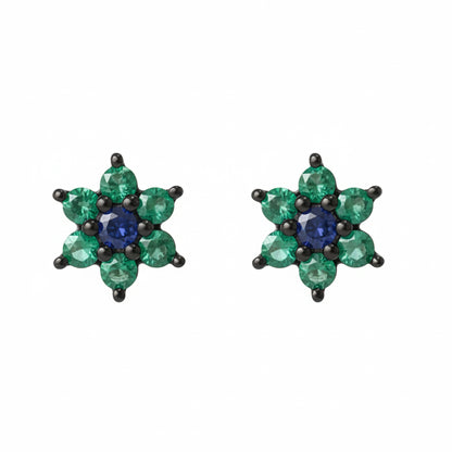 14K Gold Emerald & Sapphire Rosebud Flower Stud Earrings