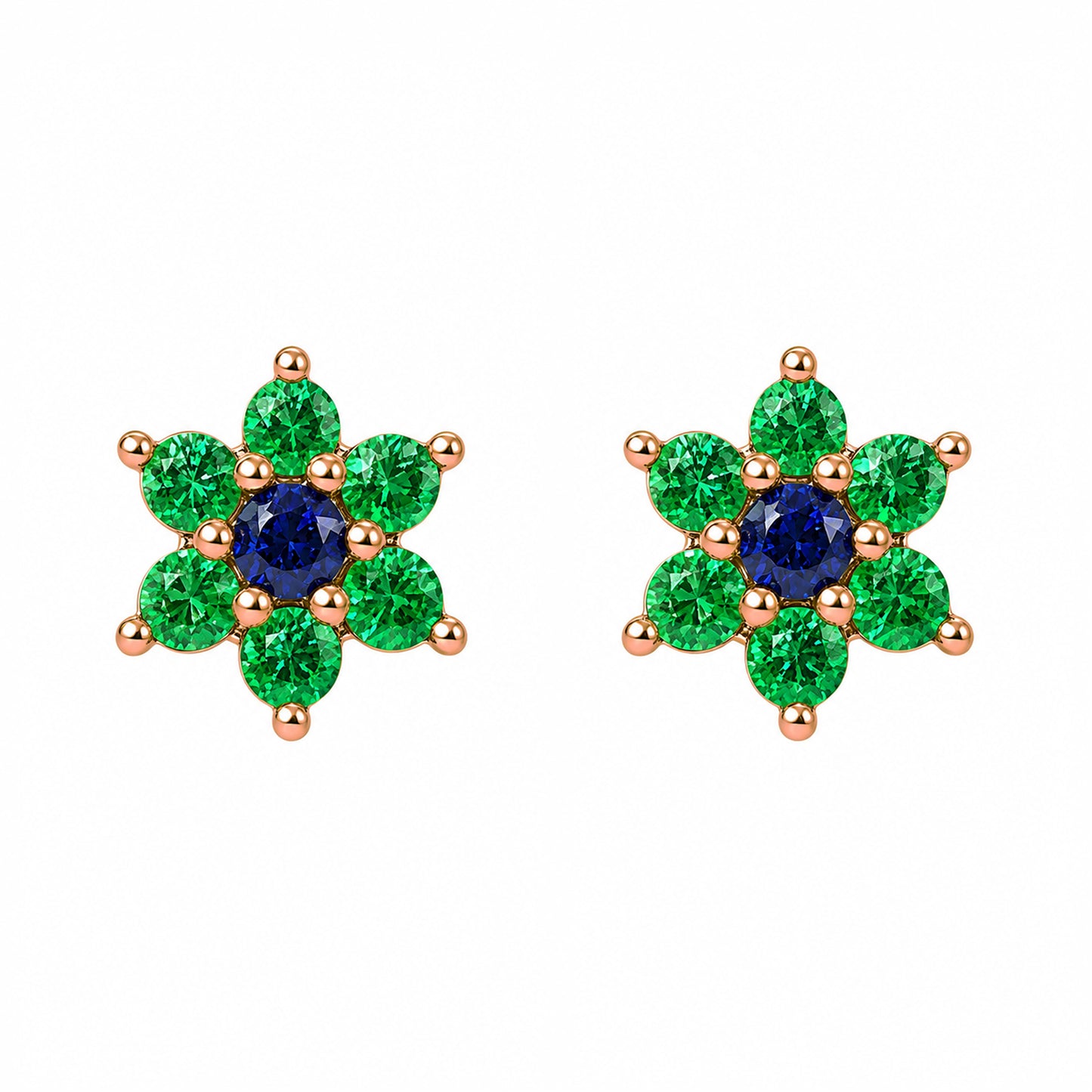 14K Gold Emerald & Sapphire Rosebud Flower Stud Earrings