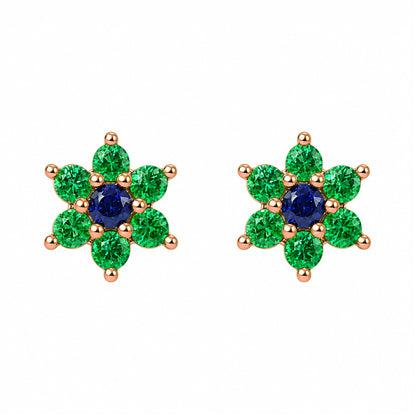 14K Gold Emerald & Sapphire Rosebud Flower Stud Earrings