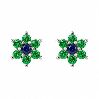 14K Gold Emerald & Sapphire Rosebud Flower Stud Earrings