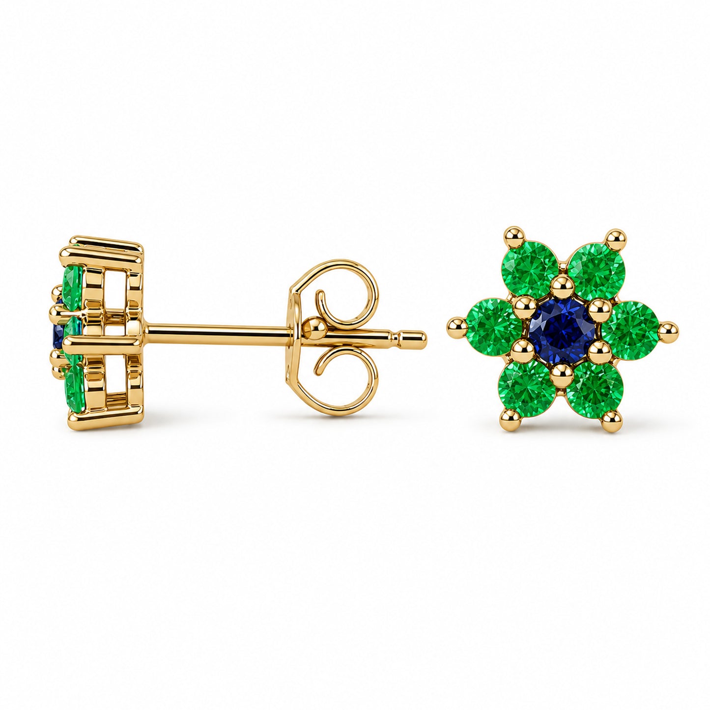 14K Gold Emerald & Sapphire Rosebud Flower Stud Earrings