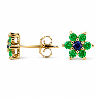14K Gold Emerald & Sapphire Rosebud Flower Stud Earrings