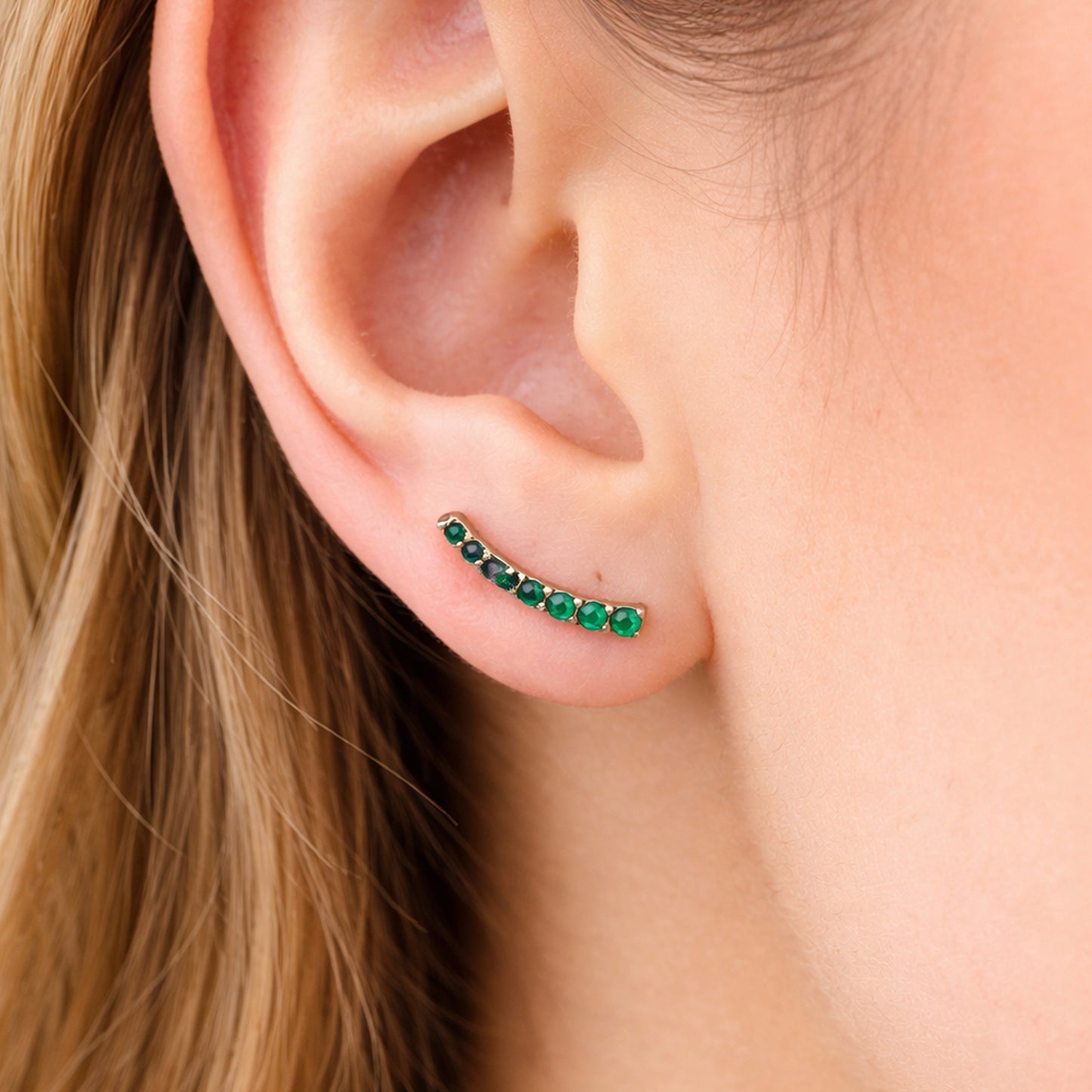14K Gold Emerald Climber Arch Earrings