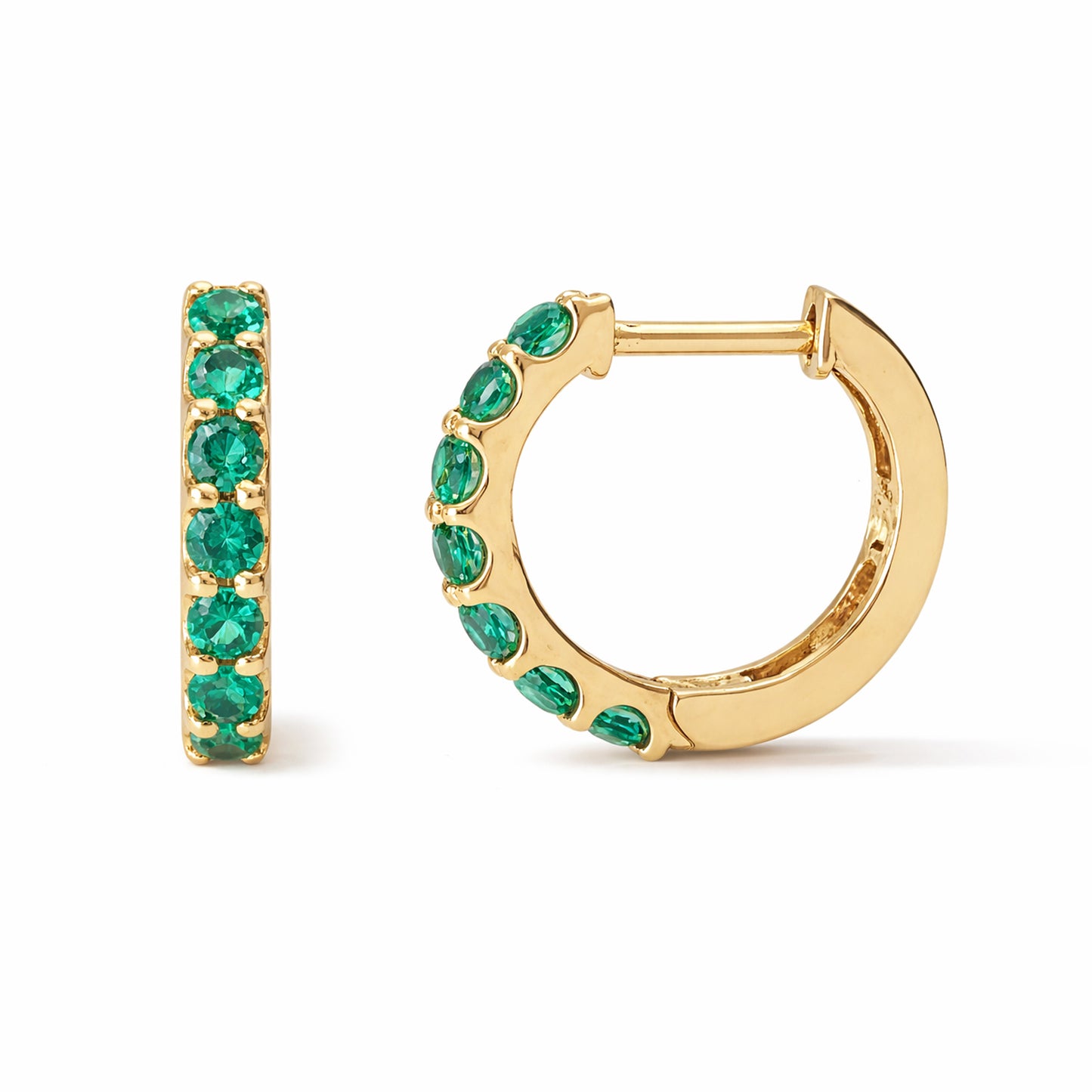 14K Gold Emerald Thick Huggie Hoop Earrings (11.5mm x 8.25mm)