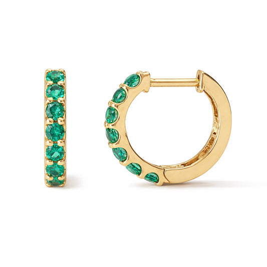 14K Gold Emerald Thick Huggie Hoop Earrings (11.5mm x 8.25mm)