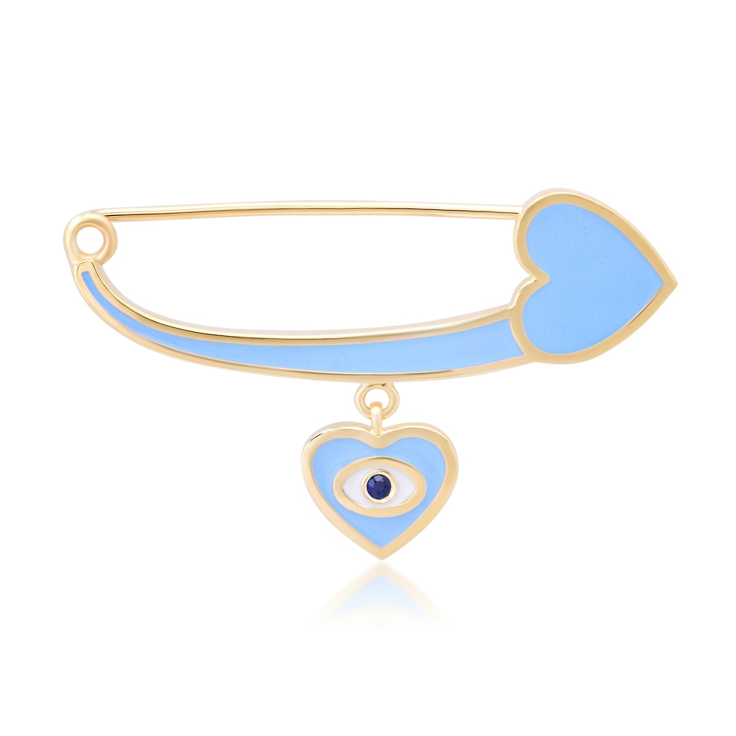14K Gold Blue Enamel Evil Eye Safety Pin Brooch