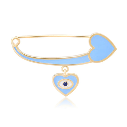 14K Gold Blue Enamel Evil Eye Safety Pin Brooch