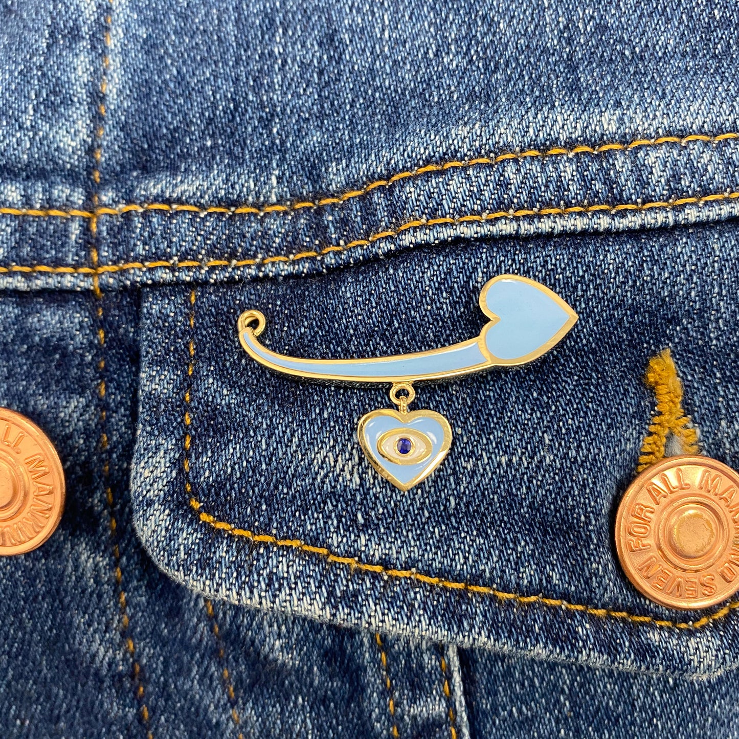 14K Gold Blue Enamel Evil Eye Safety Pin Brooch