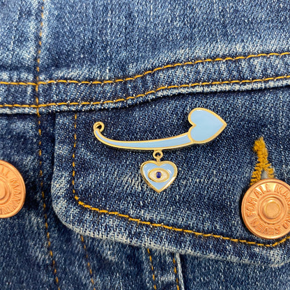 14K Gold Blue Enamel Evil Eye Safety Pin Brooch