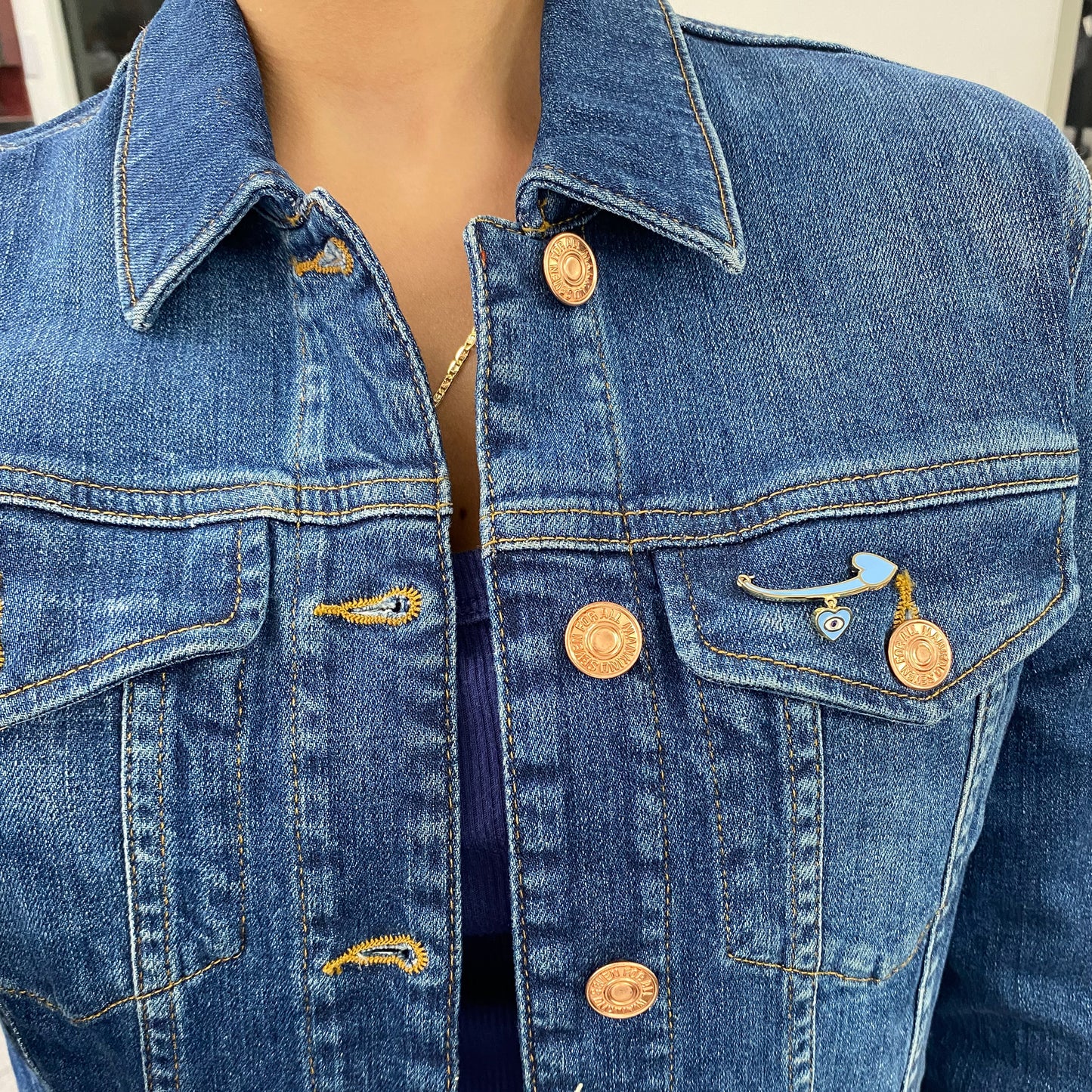 14K Gold Blue Enamel Evil Eye Safety Pin Brooch