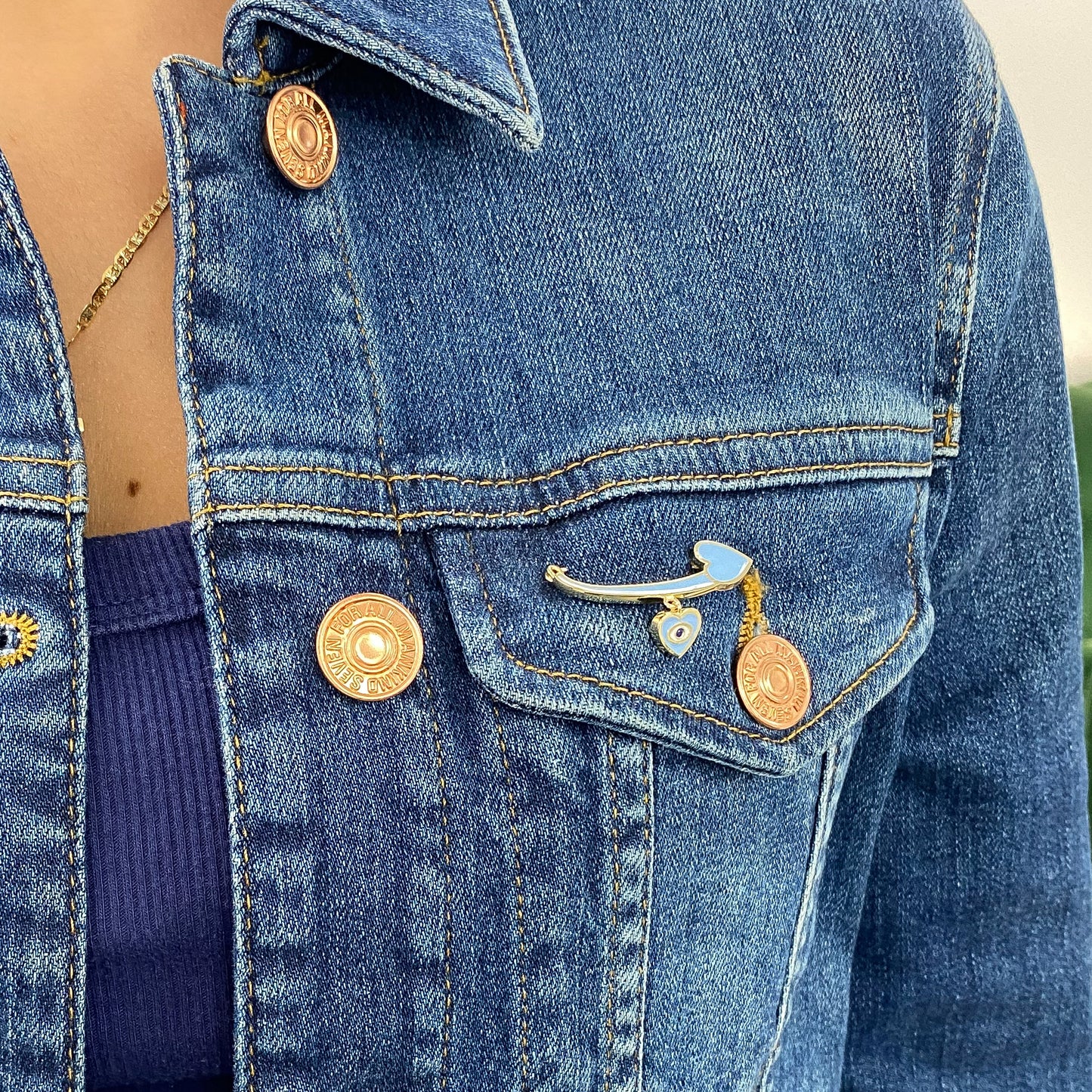 14K Gold Blue Enamel Evil Eye Safety Pin Brooch