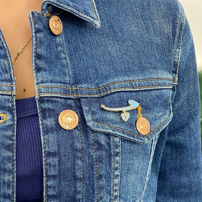 14K Gold Blue Enamel Evil Eye Safety Pin Brooch