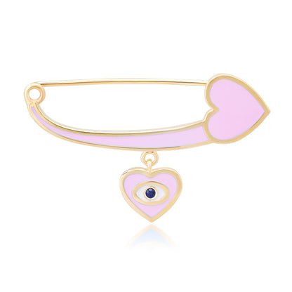 14K Gold Pink Enamel Evil Eye Safety Pin Brooch