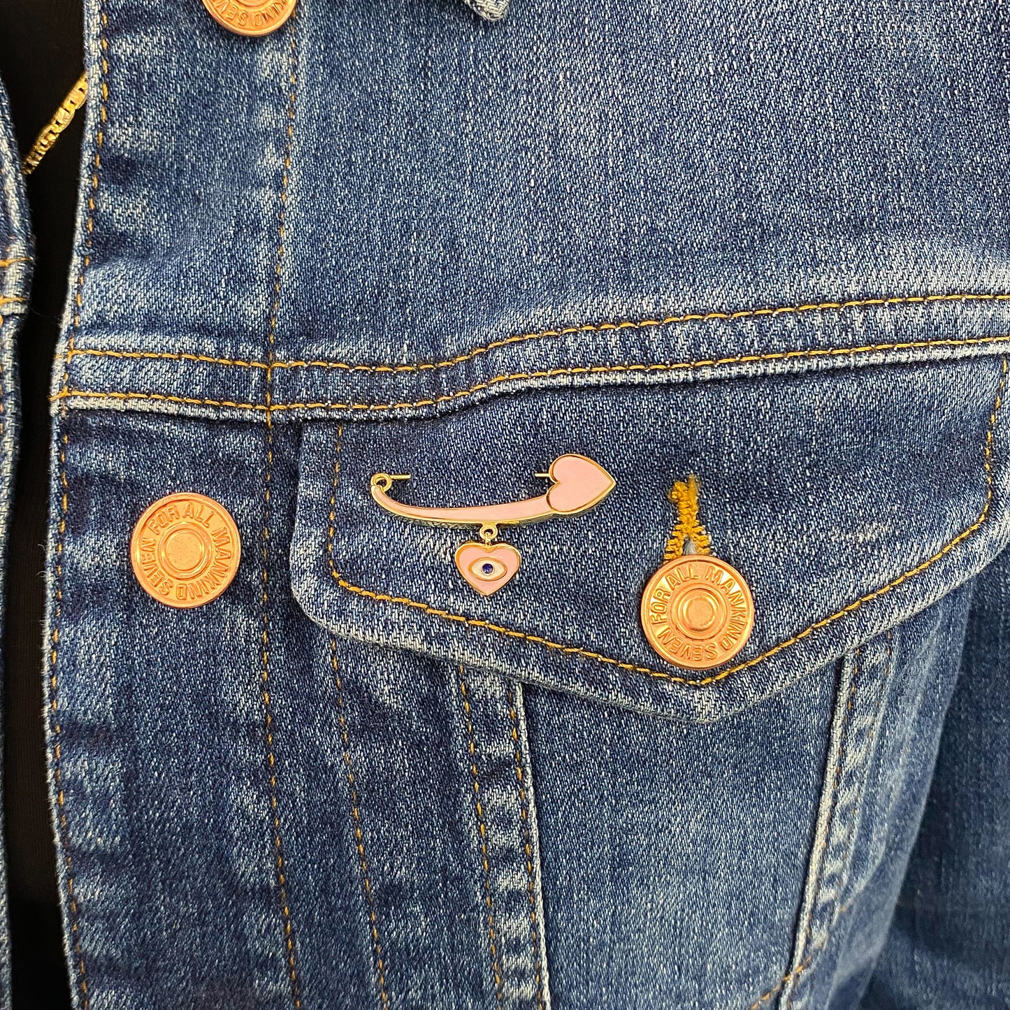 14K Gold Pink Enamel Evil Eye Safety Pin Brooch