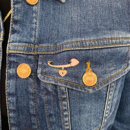 14K Gold Pink Enamel Evil Eye Safety Pin Brooch