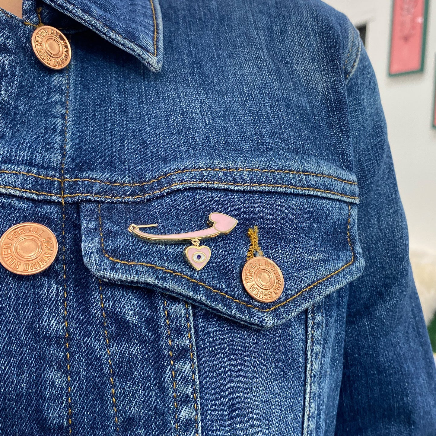 14K Gold Pink Enamel Evil Eye Safety Pin Brooch