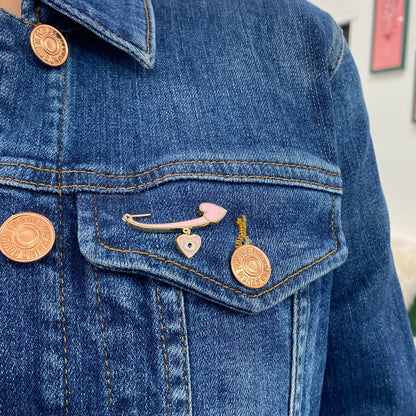 14K Gold Pink Enamel Evil Eye Safety Pin Brooch