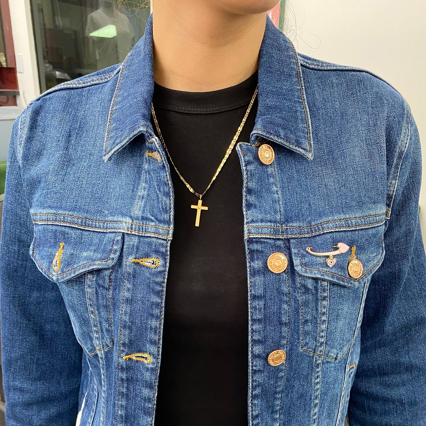 14K Gold Pink Enamel Evil Eye Safety Pin Brooch