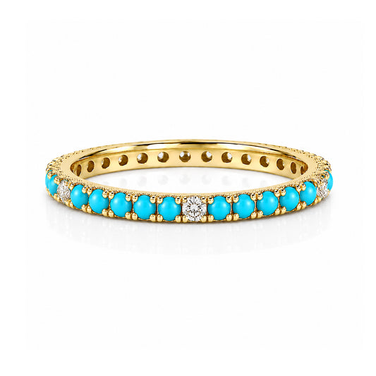 14K Gold Pavé Diamond & Turquoise Gemstone Full Eternity Band