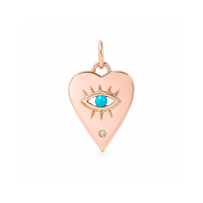 14K Gold Single Diamond Detail Evil Eye Heart Medallion Necklace, Available with Turquoise, Ruby or Sapphire Centerstone