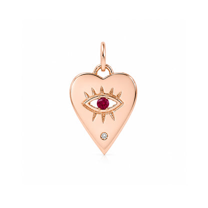 14K Gold Single Diamond Detail Evil Eye Heart Medallion Necklace, Available with Turquoise, Ruby or Sapphire Centerstone