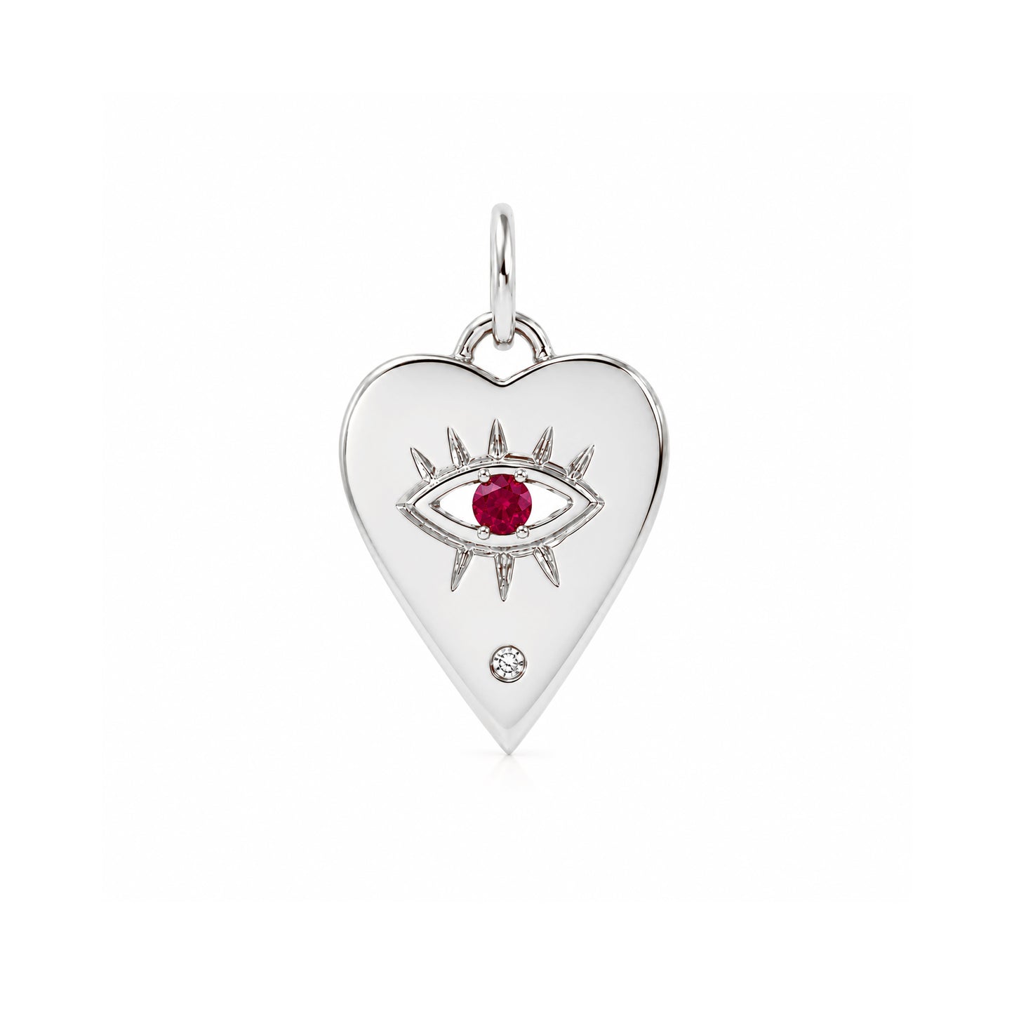 14K Gold Single Diamond Detail Evil Eye Heart Medallion Necklace, Available with Turquoise, Ruby or Sapphire Centerstone
