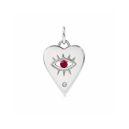 14K Gold Single Diamond Detail Evil Eye Heart Medallion Necklace, Available with Turquoise, Ruby or Sapphire Centerstone