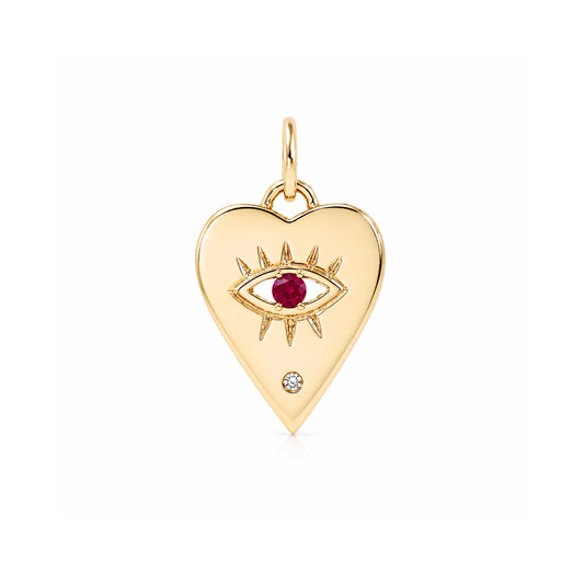 14K Gold Single Diamond Detail Evil Eye Heart Medallion Necklace, Available with Turquoise, Ruby or Sapphire Centerstone