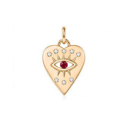 14K Gold 8 Diamond Detail Evil Eye Heart Medallion Necklace, Available with Turquoise, Ruby or Sapphire Centerstone