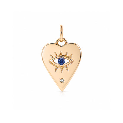 14K Gold Single Diamond Detail Evil Eye Heart Medallion Necklace, Available with Turquoise, Ruby or Sapphire Centerstone