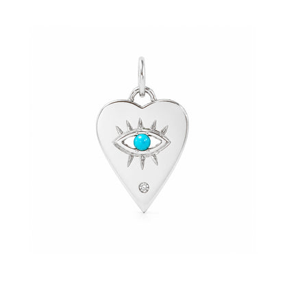 14K Gold Single Diamond Detail Evil Eye Heart Medallion Necklace, Available with Turquoise, Ruby or Sapphire Centerstone