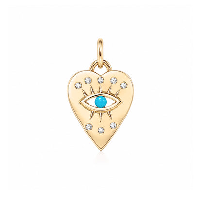 14K Gold 8 Diamond Detail Evil Eye Heart Medallion Necklace, Available with Turquoise, Ruby or Sapphire Centerstone