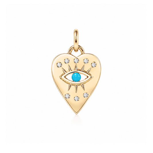 14K Gold 8 Diamond Detail Evil Eye Heart Medallion Necklace, Available with Turquoise, Ruby or Sapphire Centerstone