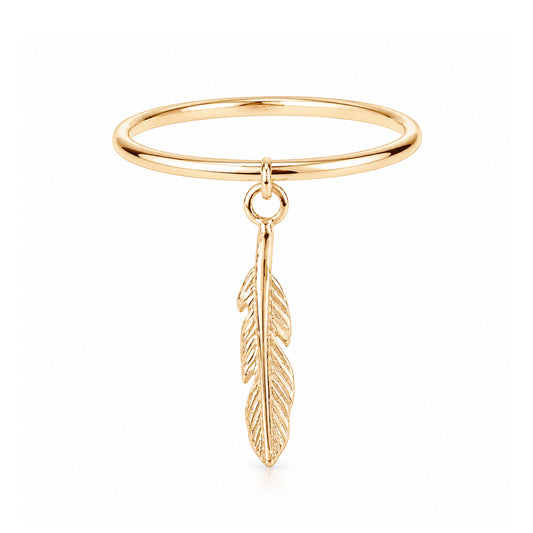 14K Gold XS Feather Dangle Charm Ring