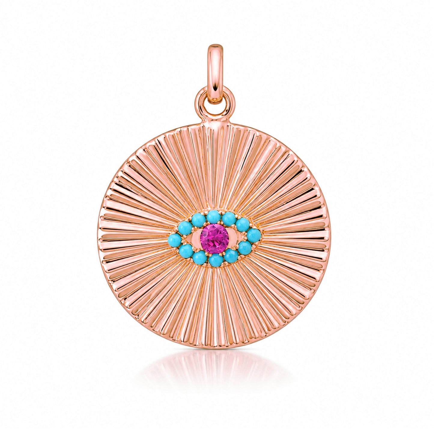 14K Gold Turquoise & Hot Pink Sapphire Fluted Evil Eye Medallion Pendant