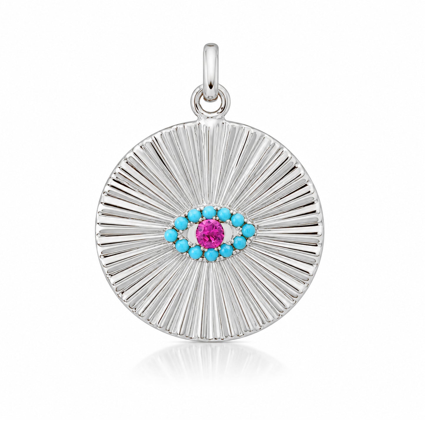 14K Gold Turquoise & Hot Pink Sapphire Fluted Evil Eye Medallion Pendant