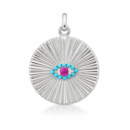 14K Gold Turquoise & Hot Pink Sapphire Fluted Evil Eye Medallion Pendant