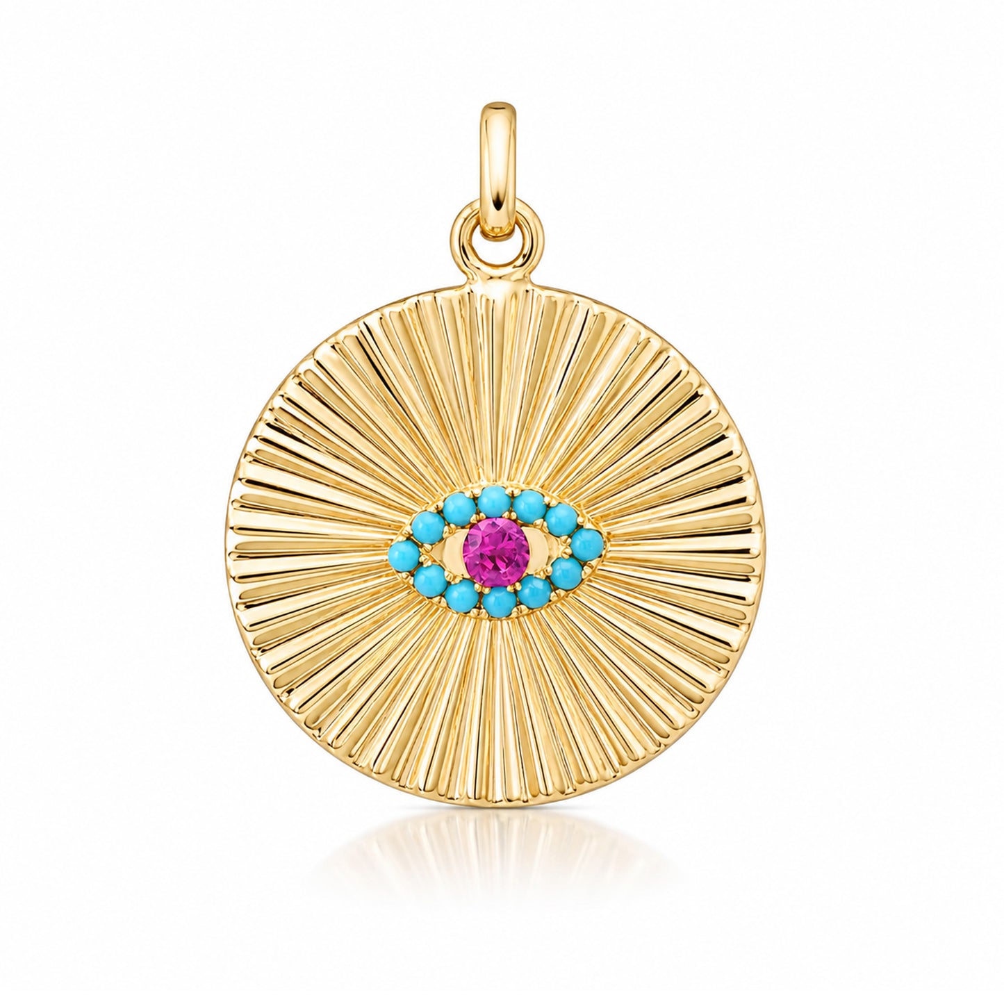 14K Gold Turquoise & Hot Pink Sapphire Fluted Evil Eye Medallion Pendant