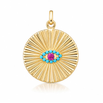 14K Gold Turquoise & Hot Pink Sapphire Fluted Evil Eye Medallion Pendant