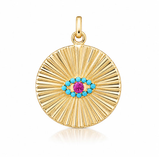 14K Gold Turquoise & Hot Pink Sapphire Fluted Evil Eye Medallion Pendant