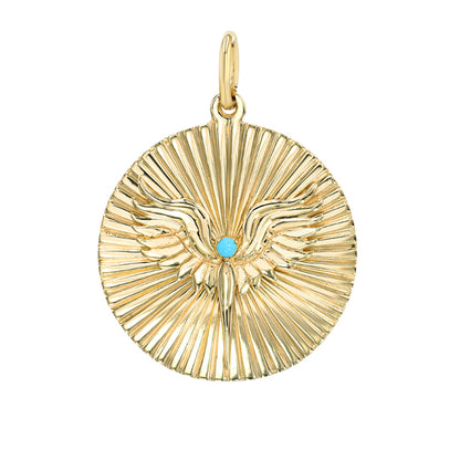 14K Gold Turquoise Fluted Phoenix Medallion Pendant