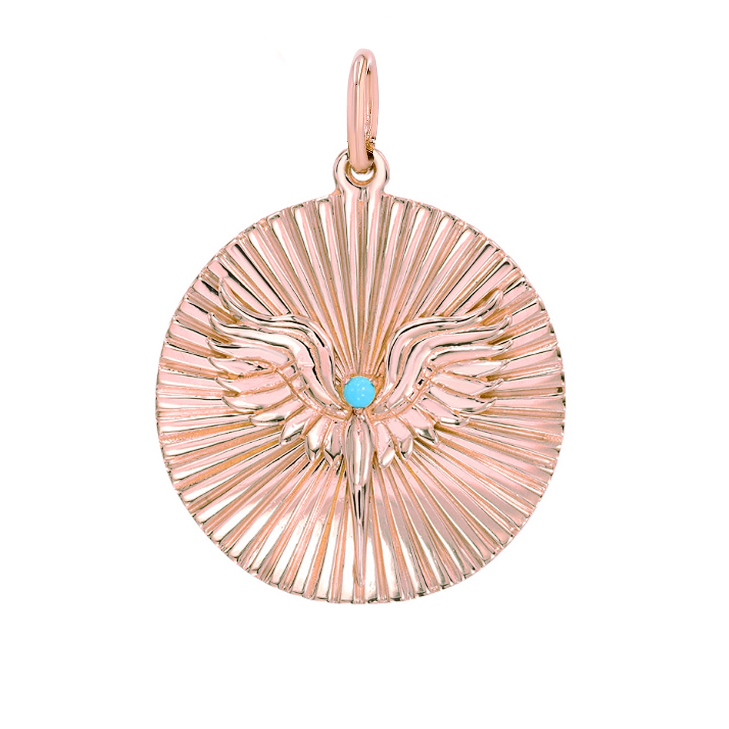 14K Gold Turquoise Fluted Phoenix Medallion Pendant