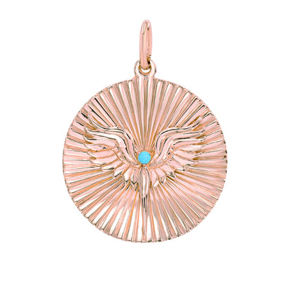 14K Gold Turquoise Fluted Phoenix Medallion Pendant