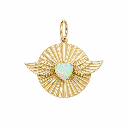 14K Gold Flying Opal Heart Fluted Medallion Pendant