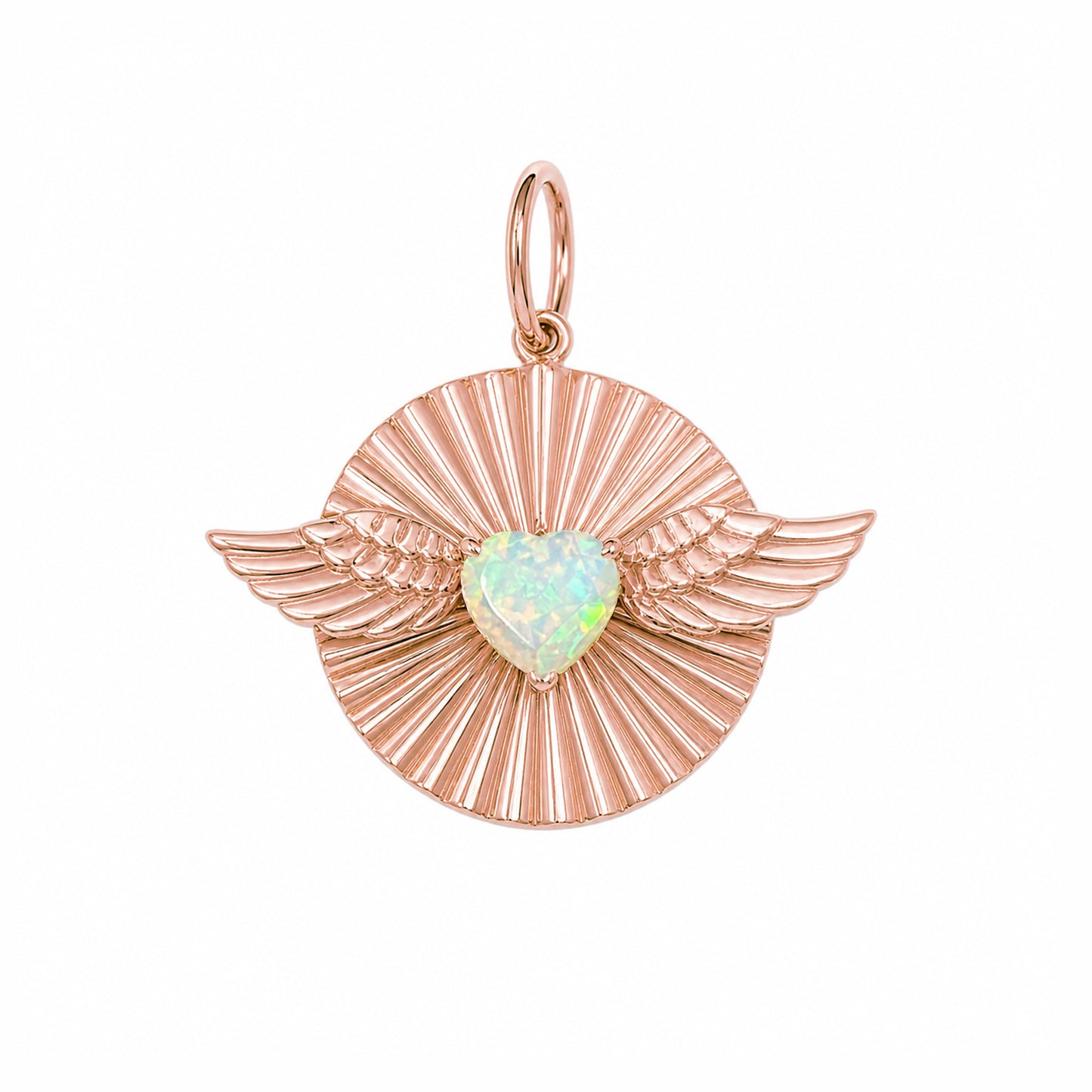 14K Gold Flying Opal Heart Fluted Medallion Pendant