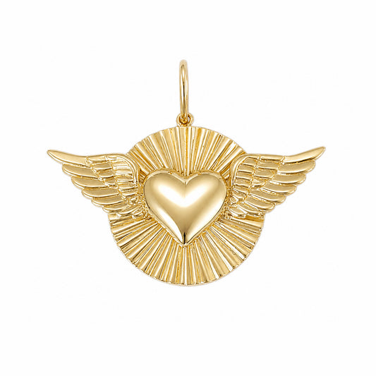 14K Gold Flying Heart Fluted Medallion Pendant