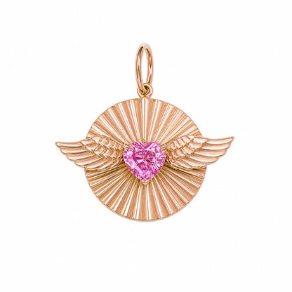 14K Gold Flying Colored Sapphire Heart Fluted Medallion Pendant