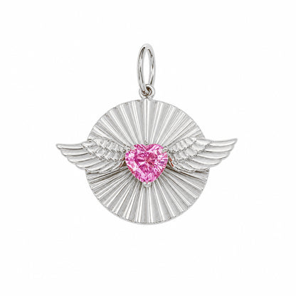 14K Gold Flying Colored Sapphire Heart Fluted Medallion Pendant